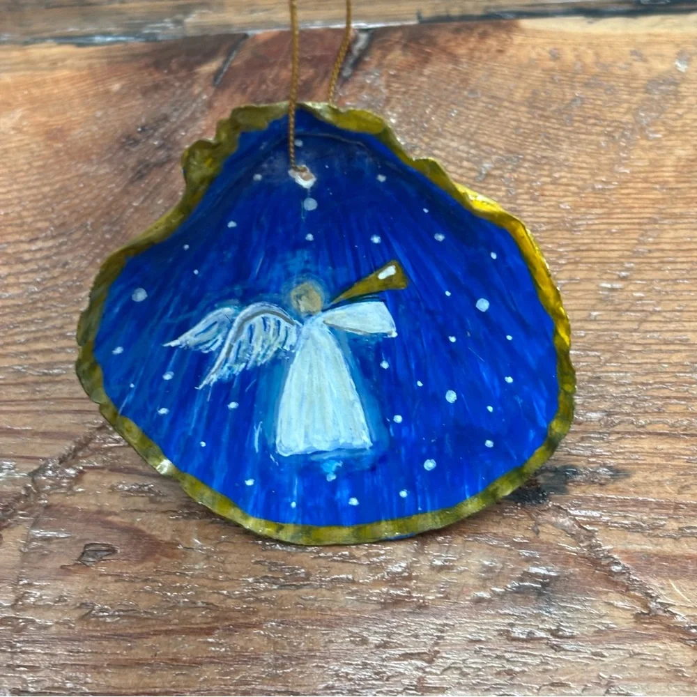 Hand-Painted Angel Shell Ornament Blue Gold Trim Christmas